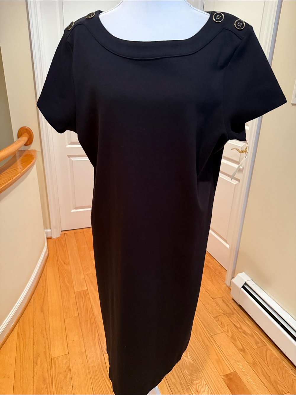 Talbots Black Short-Sleeve Midi Shift Dress with Shoulder Buttons